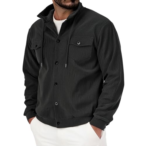 amropi Herren Hemd Cord Jacke Langarm Freizeithemd Knopf Leicht Hemdjacke Mit Klappentasche Schwarz, M von amropi