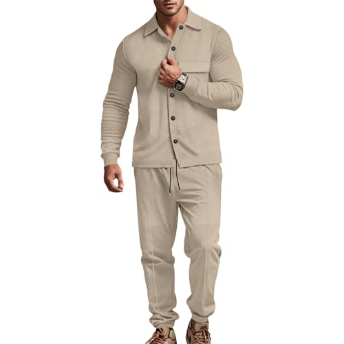 amropi Herren Jacquard Trainingsanzug Knopf Jacke Top und Hose Jogginganzug Kleidung Set Khaki, L von amropi