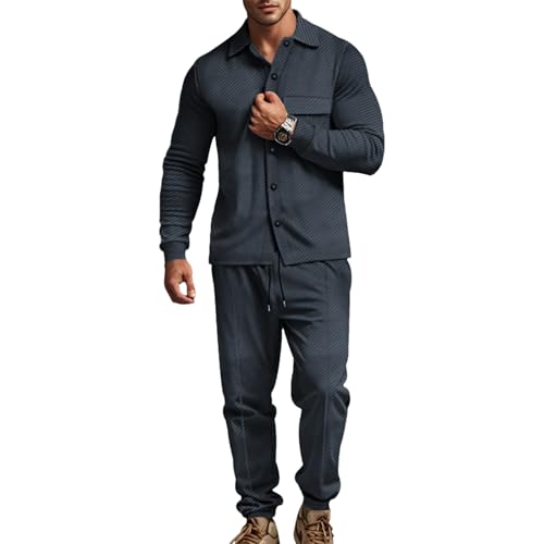 amropi Herren Jacquard Trainingsanzug Knopf Jacke Top und Hose Jogginganzug Kleidung Set Marine, M von amropi