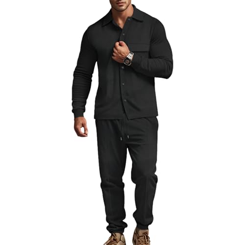 amropi Herren Jacquard Trainingsanzug Knopf Jacke Top und Hose Jogginganzug Kleidung Set Schwarz, 3XL von amropi