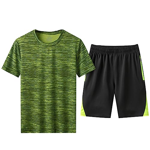 amropi Herren Jogginganzug Sommer Trainingsanzug Kurzarm T-Shirt und Kurze Hose 2 Stück Sportanzug Armeegrün Schwarz,4XL von amropi