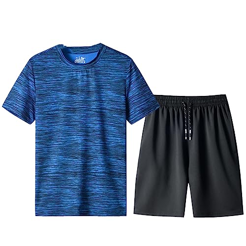 amropi Herren Jogginganzug Sommer Trainingsanzug Kurzarm T-Shirt und Kurze Hose 2 Stück Sportanzug Blau Schwarz,M von amropi