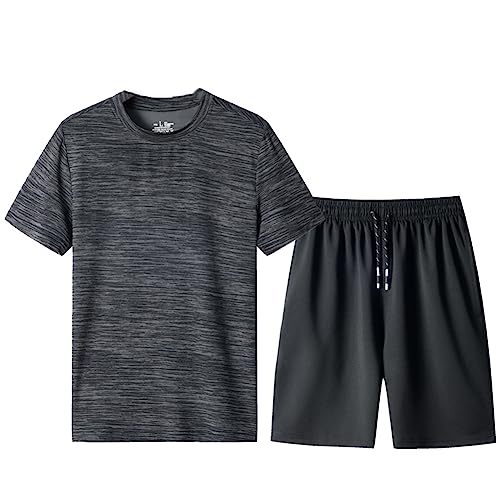 amropi Herren Jogginganzug Sommer Trainingsanzug Kurzarm T-Shirt und Kurze Hose 2 Stück Sportanzug Grau Schwarz,6XL von amropi