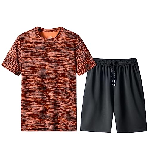 amropi Herren Jogginganzug Sommer Trainingsanzug Kurzarm T-Shirt und Kurze Hose 2 Stück Sportanzug Orange Schwarz,8XL von amropi