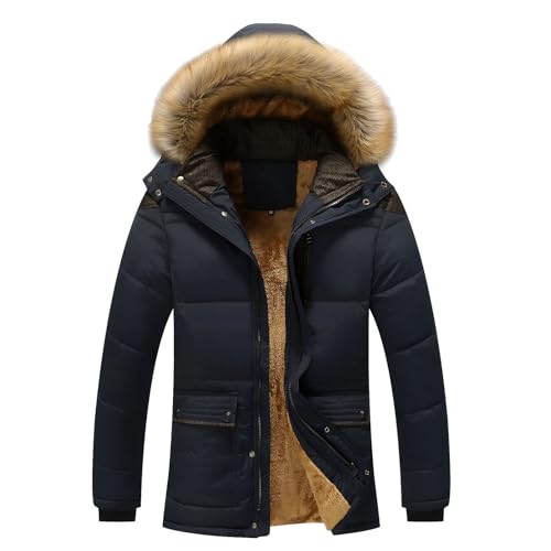 amropi Herren Mäntel Warme Winterjacke Fleece Gefüttert Parka Wintermantel Mit Kunstfell Kapuze Marine, L von amropi
