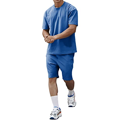 amropi Herren Sportanzug Jogginganzug 2 Teile Sommer Trainingsanzug Kurzarm Kleidung Set Blau,L von amropi