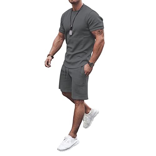 amropi Herren Sportanzug Jogginganzug 2 Teile Sommer Trainingsanzug Kurzarm Kleidung Set Grau,3XL von amropi