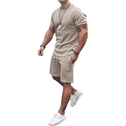 amropi Herren Sportanzug Jogginganzug 2 Teile Sommer Trainingsanzug Kurzarm Kleidung Set Khaki,XL von amropi