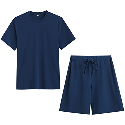 amropi Herren Sportanzug Jogginganzug 2 Teile Sommer Trainingsanzug Kurzarm Kleidung Set Marine,XXL von amropi