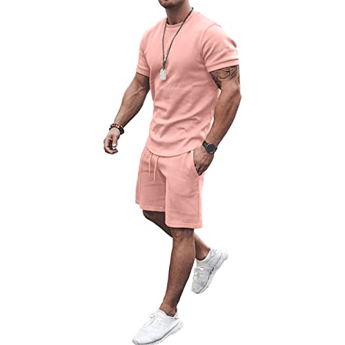 amropi Herren Sportanzug Jogginganzug 2 Teile Sommer Trainingsanzug Kurzarm Kleidung Set Rosa,L von amropi