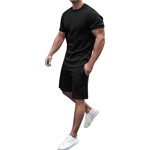 amropi Herren Sportanzug Jogginganzug 2 Teile Sommer Trainingsanzug Kurzarm Kleidung Set Schwarz,3XL von amropi