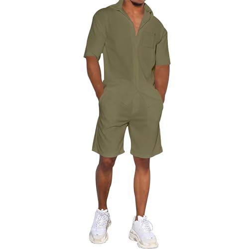 amropi Herren Sportanzug Kurzarm Knop Hemd und Shorts 2 Teile Trainingsanzug Kleidung Set Armee Grün, XXL von amropi