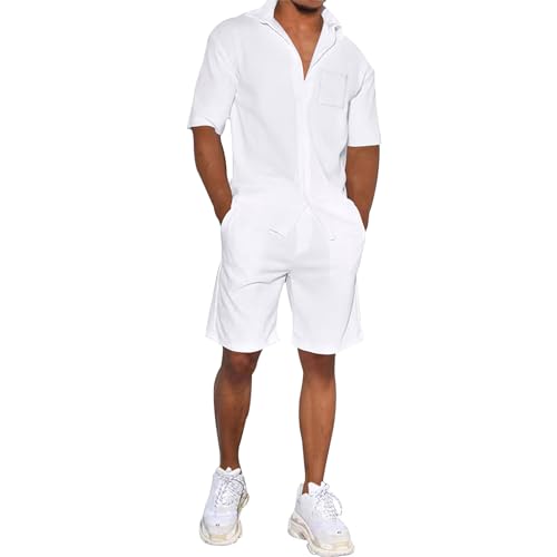 amropi Herren Sportanzug Kurzarm Knop Hemd und Shorts 2 Teile Trainingsanzug Kleidung Set Weiß, XL von amropi
