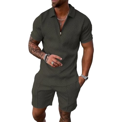 amropi Herren Sportanzug Sommer Trainingsanzug Kurzarm Reißverschluss Top und Shorts Kleidung Set Dunkelgrün, XXL von amropi
