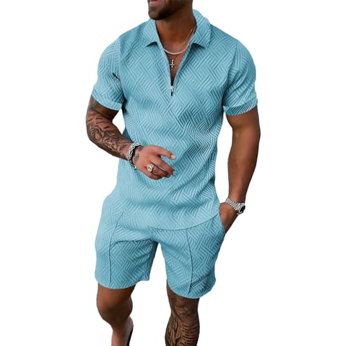 amropi Herren Sportanzug Sommer Trainingsanzug Kurzarm Reißverschluss Top und Shorts Kleidung Set Hellblau, XXL von amropi
