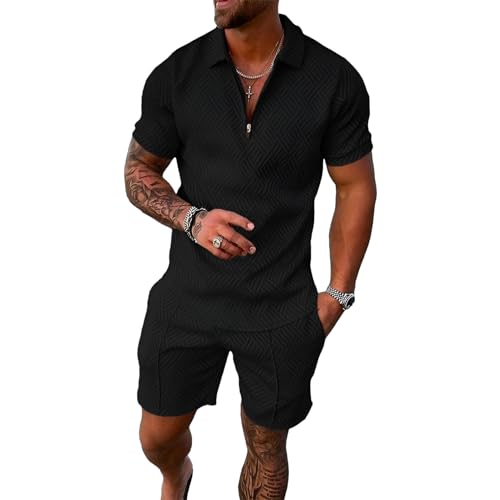 amropi Herren Sportanzug Sommer Trainingsanzug Kurzarm Reißverschluss Top und Shorts Kleidung Set Schwarz, M von amropi