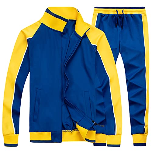 amropi Herren Trainingsanzug Jogginganzug Sportanzug Sweatjacke und Sportshose Sportbekleidung Blau Gelb,M von amropi