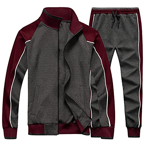 amropi Herren Trainingsanzug Jogginganzug Sportanzug Sweatjacke und Sportshose Sportbekleidung Grau Burgund,L von amropi