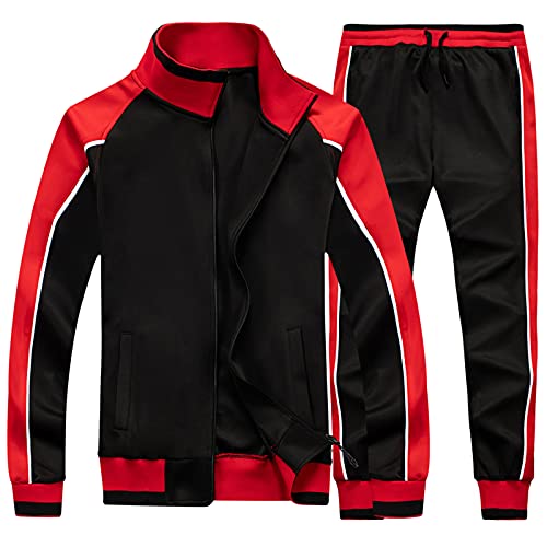 amropi Herren Trainingsanzug Jogginganzug Sportanzug Sweatjacke und Sportshose Sportbekleidung Schwarz Rot,XL von amropi