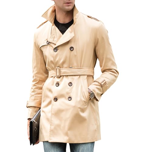 amropi Herren Trenchcoat Zweireihiger Revers Winddicht Mantel Windjacke mit Gürtel Khaki, XL von amropi