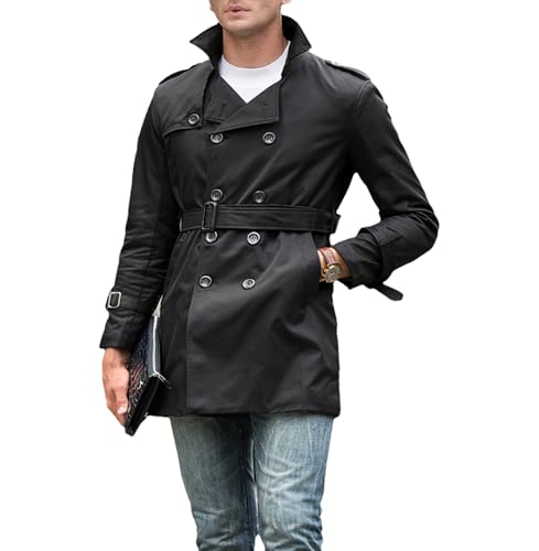 amropi Herren Trenchcoat Zweireihiger Revers Winddicht Mantel Windjacke mit Gürtel Schwarz, XXL von amropi