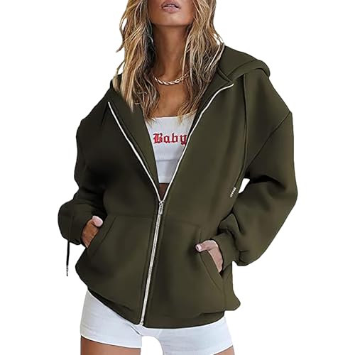 amropi Hoodie Damen Sweatjacke Kapuzenjacke Sweatshirt Kapuzenpullover Reißverschluss Mantel Armeegrün,L von amropi