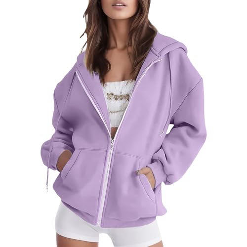amropi Hoodie Damen Sweatjacke Kapuzenjacke Sweatshirt Kapuzenpullover Reißverschluss Mantel Helles Lila,S von amropi