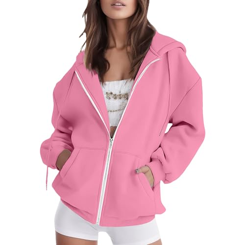 amropi Hoodie Damen Sweatjacke Kapuzenjacke Sweatshirt Kapuzenpullover Reißverschluss Mantel Rosa,XL von amropi