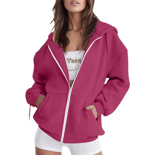 amropi Hoodie Damen Sweatjacke Kapuzenjacke Sweatshirt Kapuzenpullover Reißverschluss Mantel Rosenrot,S von amropi