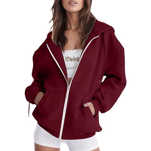 amropi Hoodie Damen Sweatjacke Kapuzenjacke Sweatshirt Kapuzenpullover Reißverschluss Mantel Weinrot,L von amropi