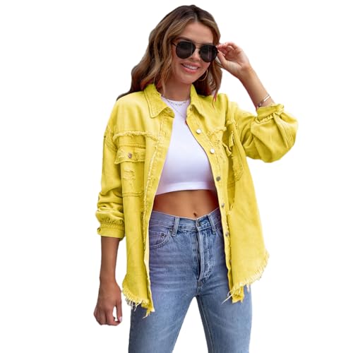 amropi Jeansjacke für Damen Denim Bluse leicht Jacket Ausgefranster Saum Jeansmantel Gelb, M von amropi