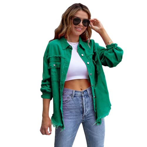 amropi Jeansjacke für Damen Denim Bluse leicht Jacket Ausgefranster Saum Jeansmantel Grün, M von amropi