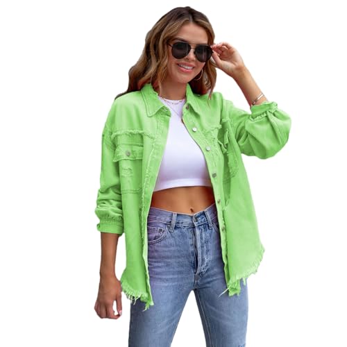 amropi Jeansjacke für Damen Denim Bluse leicht Jacket Ausgefranster Saum Jeansmantel Lichtgrün, XXL von amropi