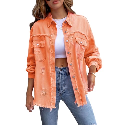 amropi Jeansjacke für Damen Denim Bluse leicht Jacket Ausgefranster Saum Jeansmantel Orange, L von amropi