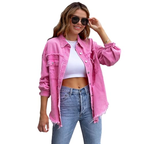 amropi Jeansjacke für Damen Denim Bluse leicht Jacket Ausgefranster Saum Jeansmantel Rosa, M von amropi
