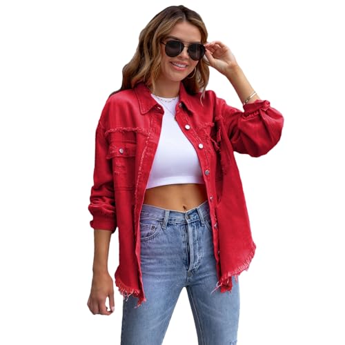 amropi Jeansjacke für Damen Denim Bluse leicht Jacket Ausgefranster Saum Jeansmantel Rot, L von amropi