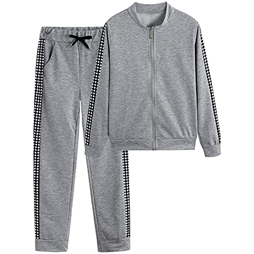 amropi Jogginganzug für Damen, 2-teiliges Set mit Hoodie und Jogginghose, Grau, kariert, Medium von amropi