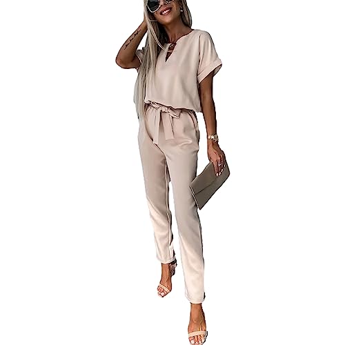 amropi Jumpsuit Damen Elegant Kurzarm Playsuit V-Ausschnitt Casual Lose Overalls Lang Romper, Beige , L von amropi