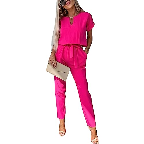 amropi Jumpsuit Damen Elegant Kurzarm Playsuit V-Ausschnitt Casual Lose Overalls Lang Romper Rot Rosa,M von amropi