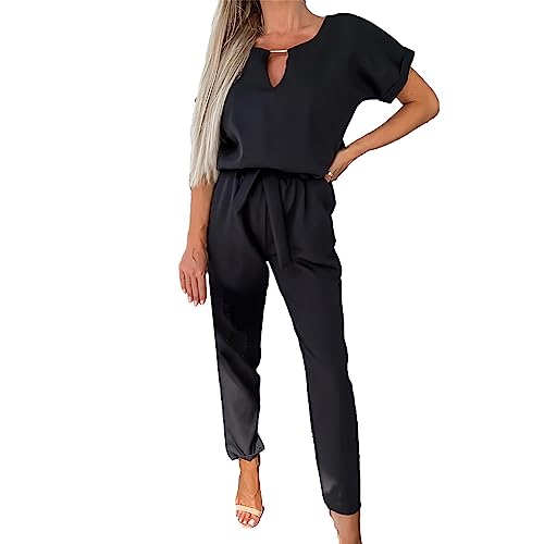 amropi Jumpsuit Damen Elegant Kurzarm Playsuit V-Ausschnitt Casual Lose Overalls Lang Romper Schwarz,M von amropi