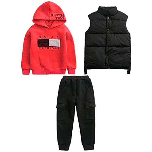 amropi Jungen Hoodie Trainingsanzug Kapuzenpullover Sweatshirt Weste Jogging Hose 3 Stück Kleidungsset Rot Schwarz, 10-11 Jahre von amropi