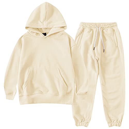 amropi Jungen Hoodie Trainingsanzug Kapuzenpullover Sweatshirt und Jogging Hose Kleidungsset Beige, 10-11 Jahre von amropi