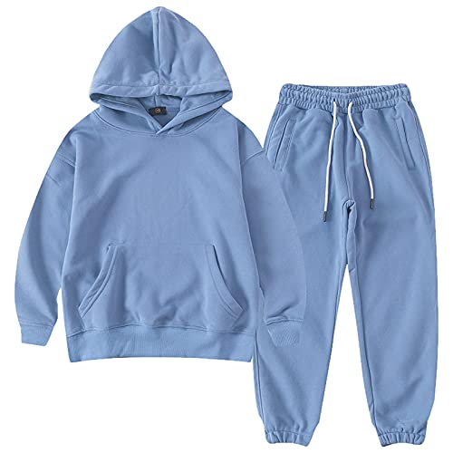 amropi Jungen Hoodie Trainingsanzug Kapuzenpullover Sweatshirt und Jogging Hose Kleidungsset Blau, 10-11 Jahre von amropi