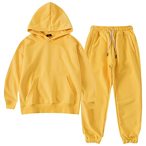 amropi Jungen Hoodie Trainingsanzug Kapuzenpullover Sweatshirt und Jogging Hose Kleidungsset Gelb, 9-10 Jahre von amropi
