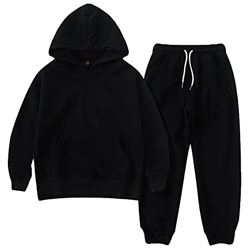amropi Jungen Hoodie Trainingsanzug Kapuzenpullover Sweatshirt und Jogging Hose Kleidungsset Schwarz, 9-10 Jahre von amropi