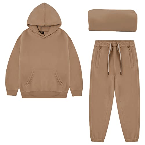 amropi Jungen Hoodie Trainingsanzug Pelz gefüttert Kapuzenpullover Sweatshirt und Jogging Hose Kleidungsset Khaki, 9-10 Jahre von amropi