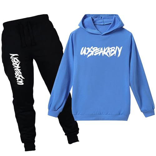 amropi Jungen Hoodie Trainingsanzug Sweatshirt Top und Jogging Hose Kleidungsset (Blau Schwarz, 14-15 Jahre) von amropi