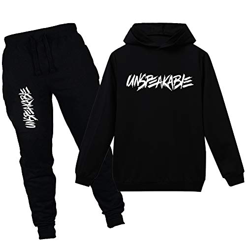 amropi Jungen Hoodie Trainingsanzug Sweatshirt Top und Jogging Hose Kleidungsset (Schwarz, 11-12 Jahre) von amropi