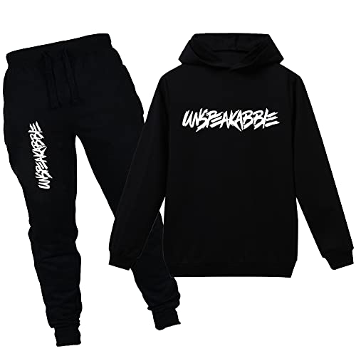 amropi Jungen Hoodie Trainingsanzug Sweatshirt Top und Jogging Hose Kleidungsset (Schwarz, 13-14 Jahre, 180) von amropi