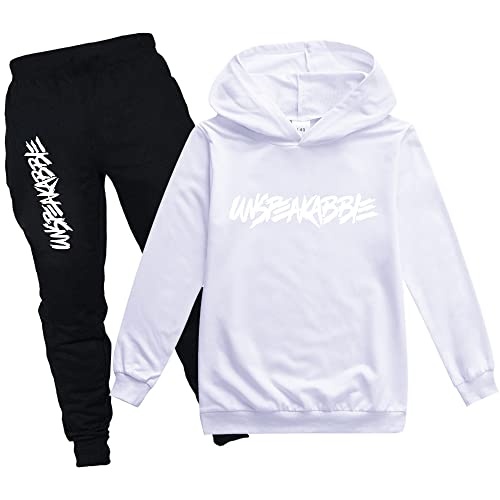 amropi Jungen Hoodie Trainingsanzug Sweatshirt Top und Jogging Hose Kleidungsset (Weiß, 11-12 Jahre) von amropi